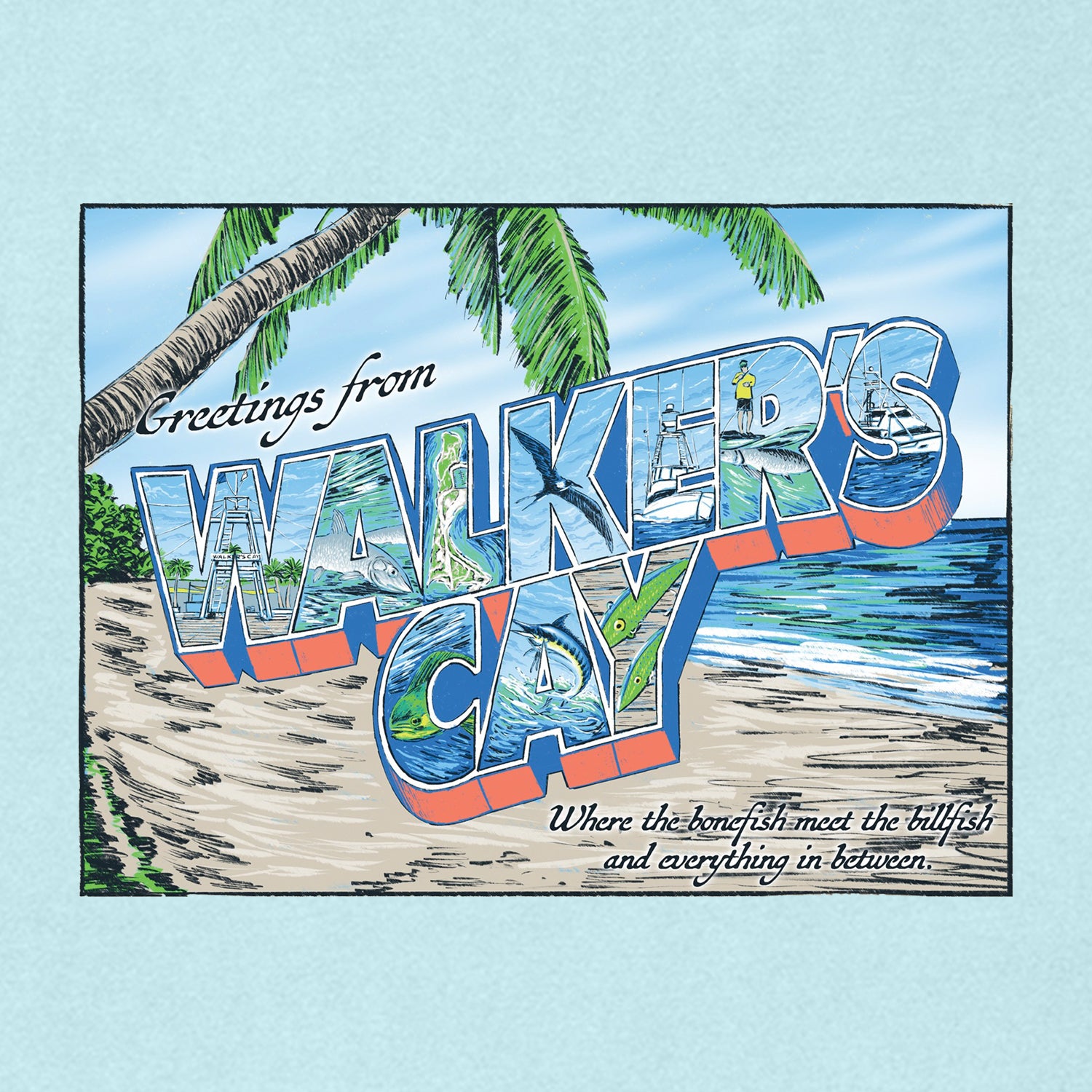 "Greetings from Walker's Cay" Sunset Crew Pocket-T