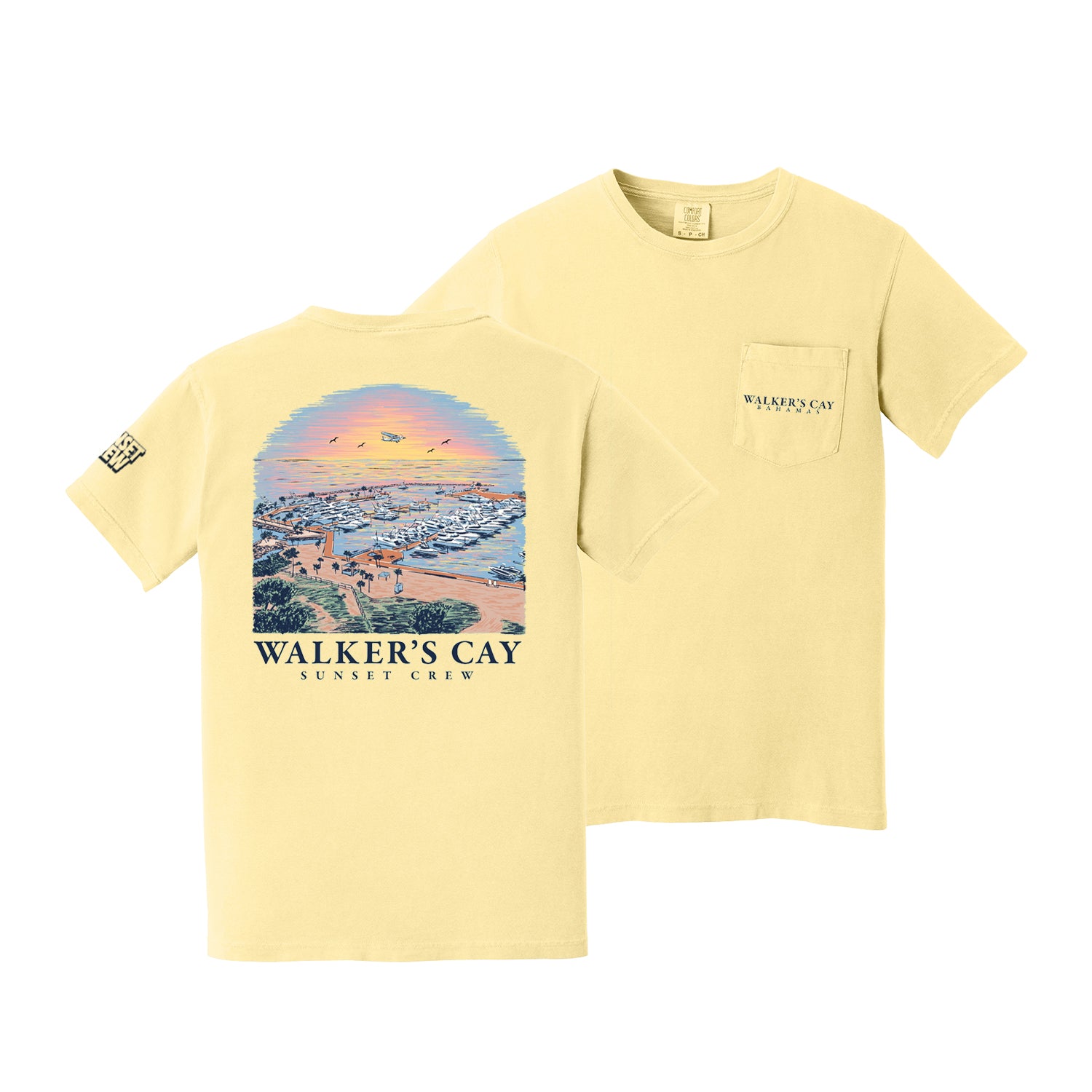 "Walker's Cay Marina Sunset" Sunset Crew Pocket-T